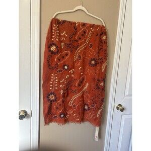 Altea Lana Virgin Wool Scarf Hand Embroidered Fringe Orange Navy Cream 67x25 New